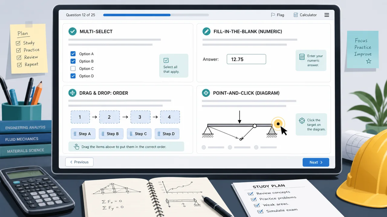 Generic computer-based engineering practice screen showing multi-select, fill-in numeric entry, drag-and-drop ordering, and point-and-click diagram formats