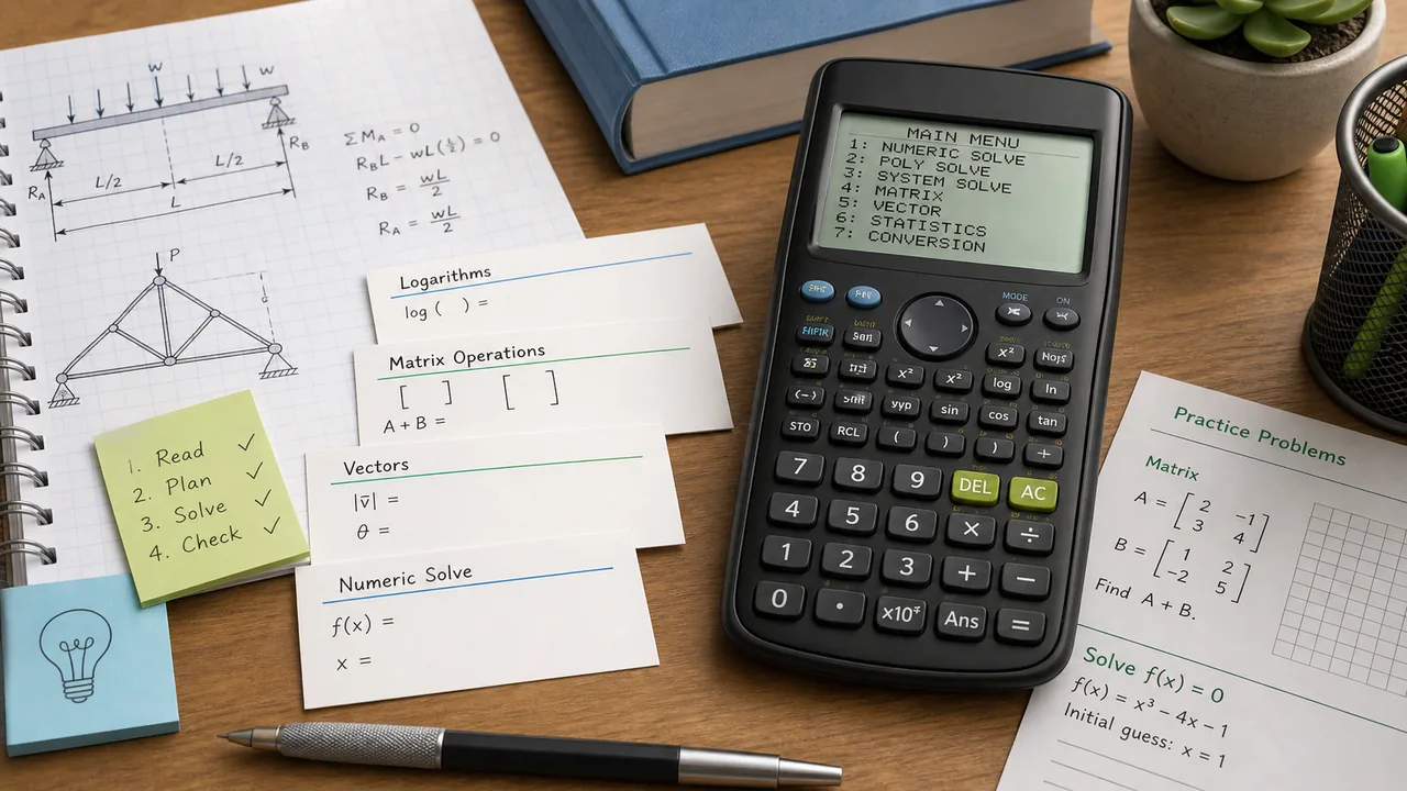 Generic scientific calculator beside engineering notes for logarithms, matrix operations, vectors, and numeric solving practice