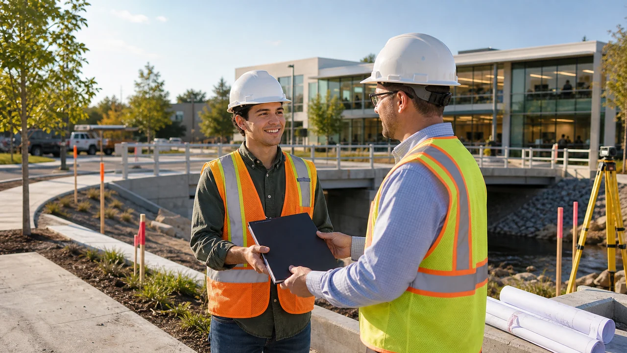 Early-career engineer at an infrastructure site receiving a blank credential folder from a mentor engineer