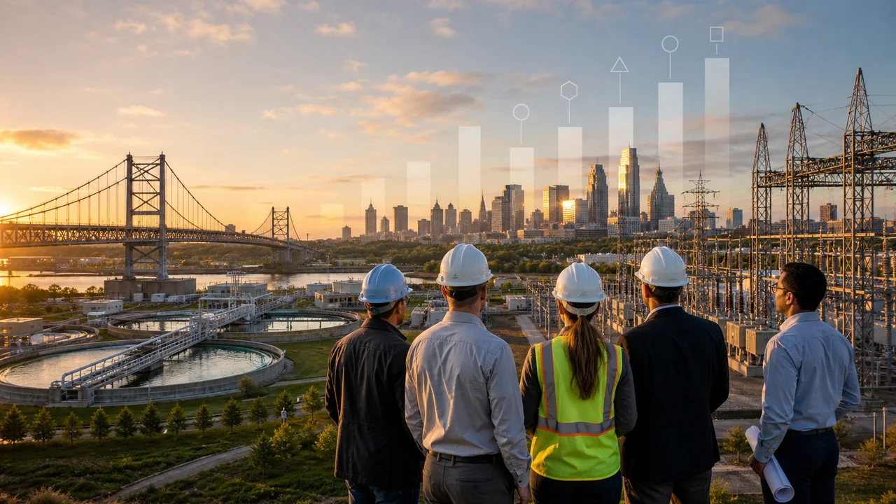 Engineers overlooking bridges, utilities, water infrastructure, and a city skyline with abstract upward data bars