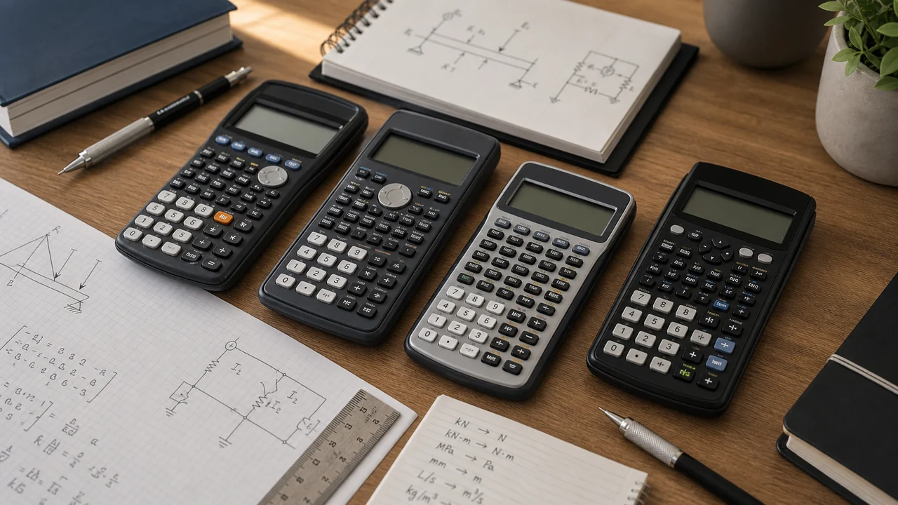 Generic scientific calculators on an engineering study desk with computation paper, matrix notes, circuit sketch, free-body diagram, ruler, and mechanical pencil