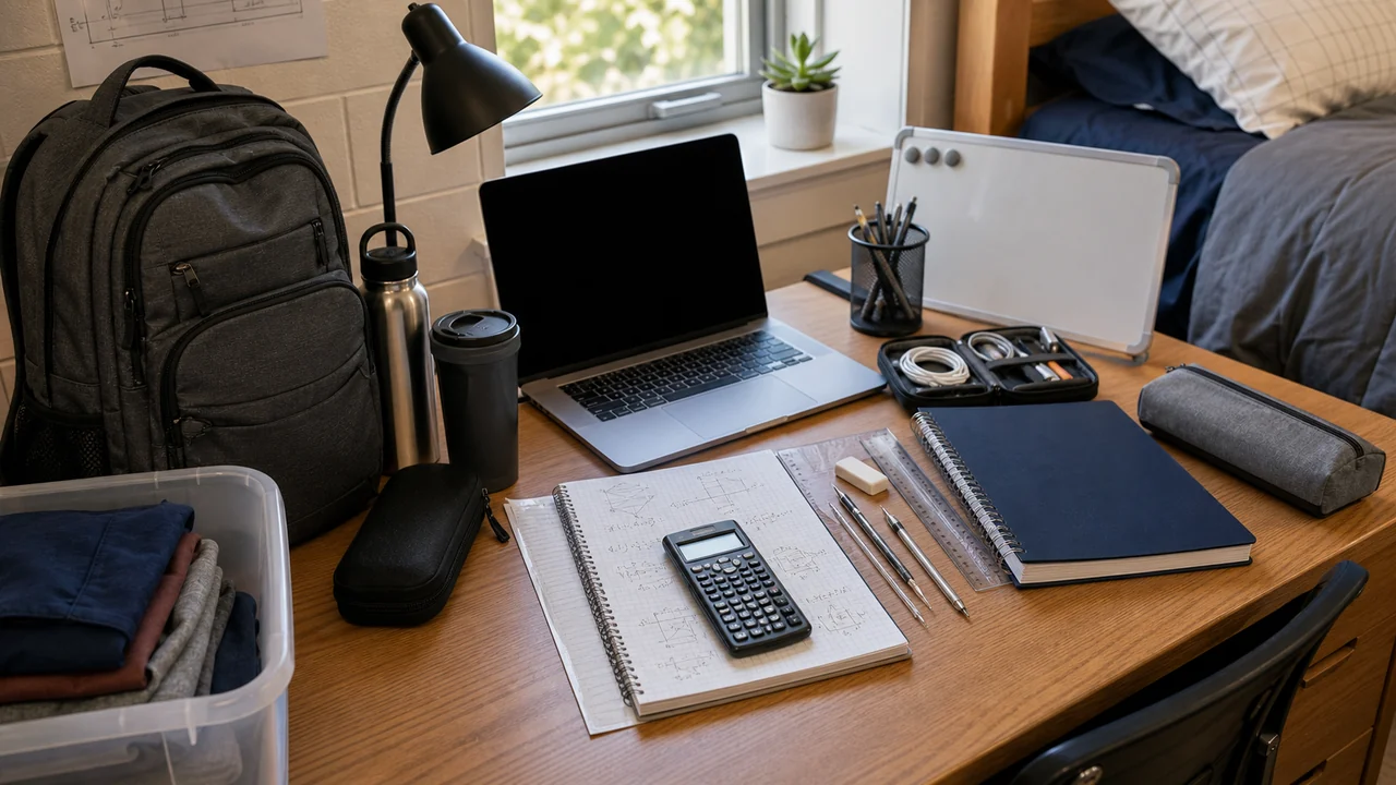 Engineering college dorm desk with backpack, laptop, generic scientific calculator, engineering notebook, whiteboard, desk lamp, pencils, storage bin, and bed in the background
