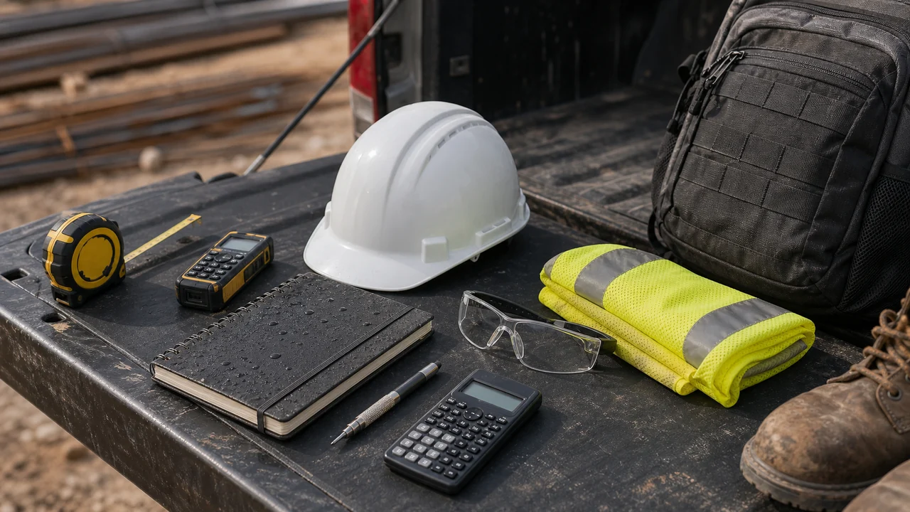 Working engineer field gear arranged on a truck tailgate, including hard hat, safety glasses, high-visibility vest, field notebook, calculator, tape measure, laser distance meter, mechanical pencil, work backpack, and boots