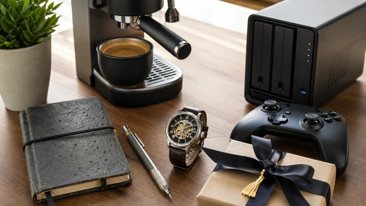 Engineering graduation gift ideas arranged on a desk, including a mechanical watch, espresso setup, home NAS, controller, field notebook, pencil, and wrapped gift