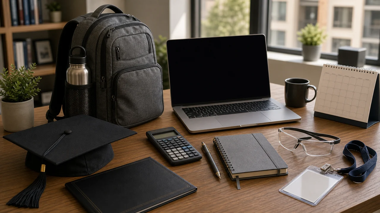 Engineering graduation and first-job checklist desk with graduation cap, diploma folder, laptop, calculator, safety glasses, work badge, planner, notebook, and backpack