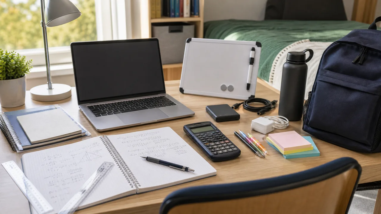Engineering school supplies on a dorm desk with laptop, generic scientific calculator, graph notebook, mechanical pencils, whiteboard, charger, portable SSD, backpack, water bottle, and sticky notes