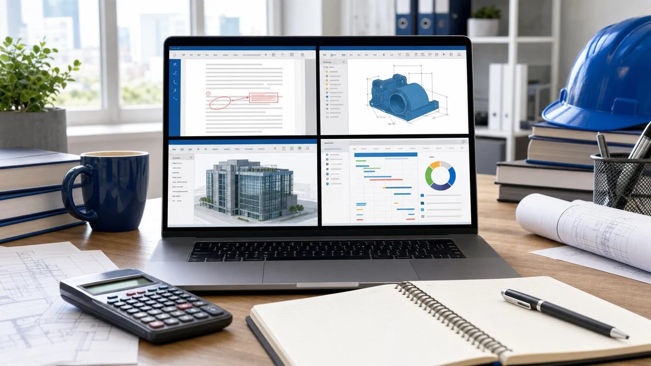 Engineering software workflow with CAD drawings, BIM model, PDF markups, and construction coordination screens