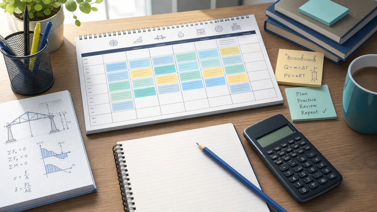 Organized engineering exam study schedule with a weekly planner, notes, formula sketches, and a generic calculator