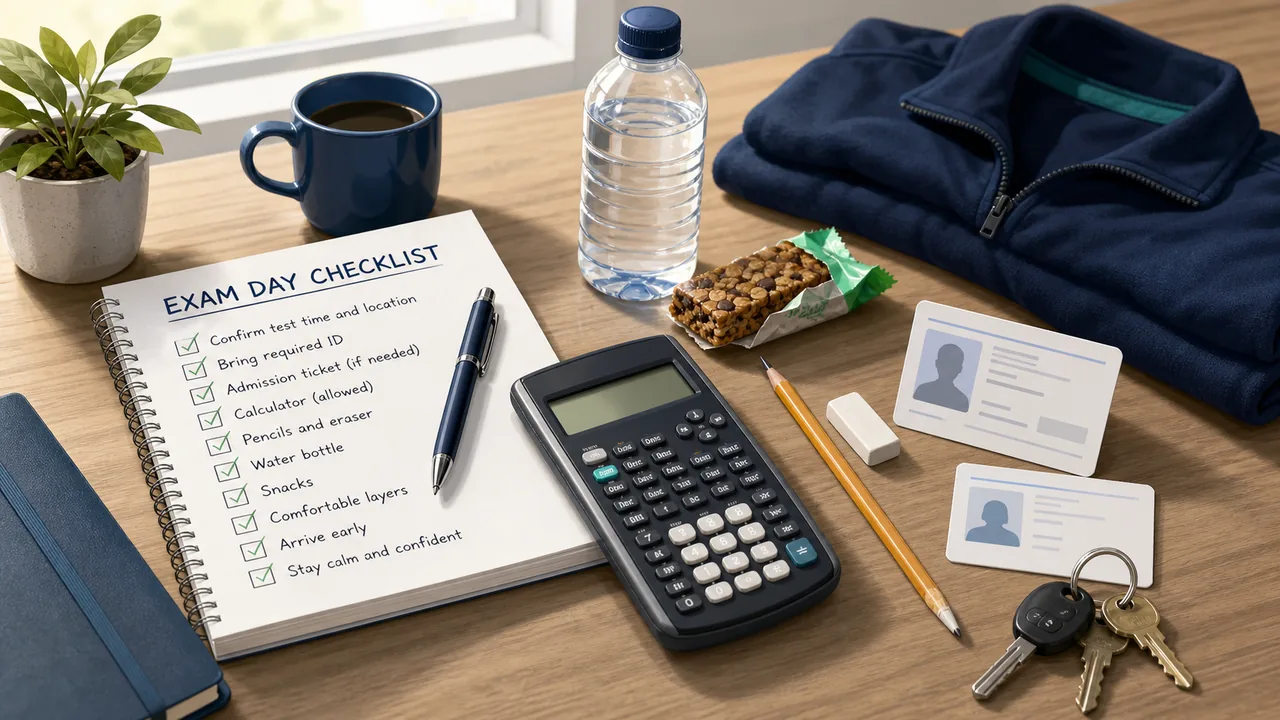 Exam morning checklist with a generic calculator, blank ID cards, pencil, water bottle, snack, keys, and light jacket