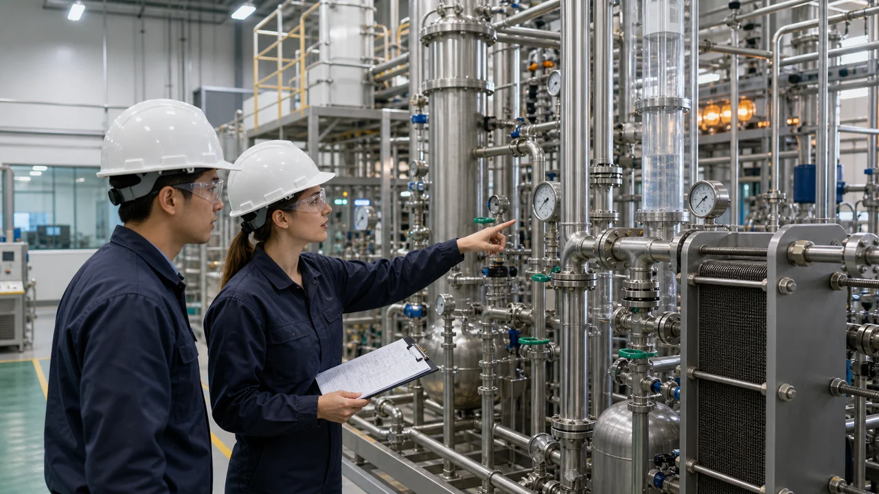 Chemical engineers inspecting distillation columns, heat exchangers, gauges, and stainless process piping in a pilot plant