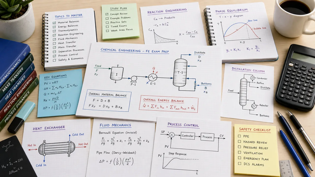Chemical engineering study desk with process flow diagram, distillation column, reactor sketch, heat exchanger, phase equilibrium plot, material balance, and calculator