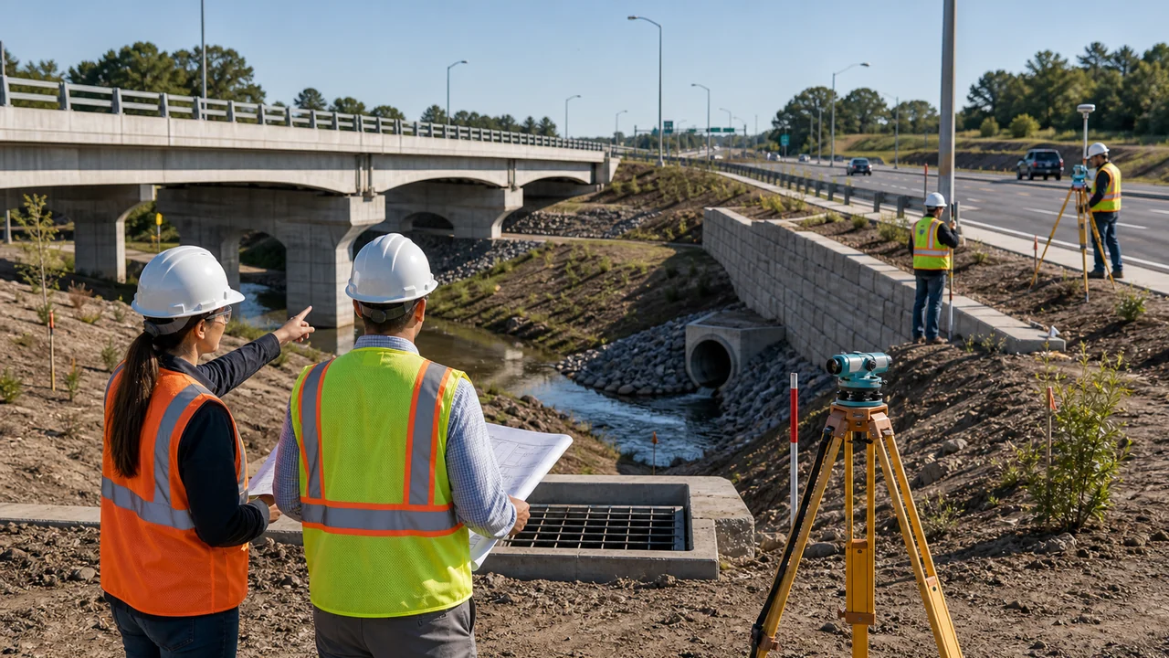 Civil engineers and survey crew reviewing drainage, roadway, bridge, culvert, and retaining wall work at an infrastructure site