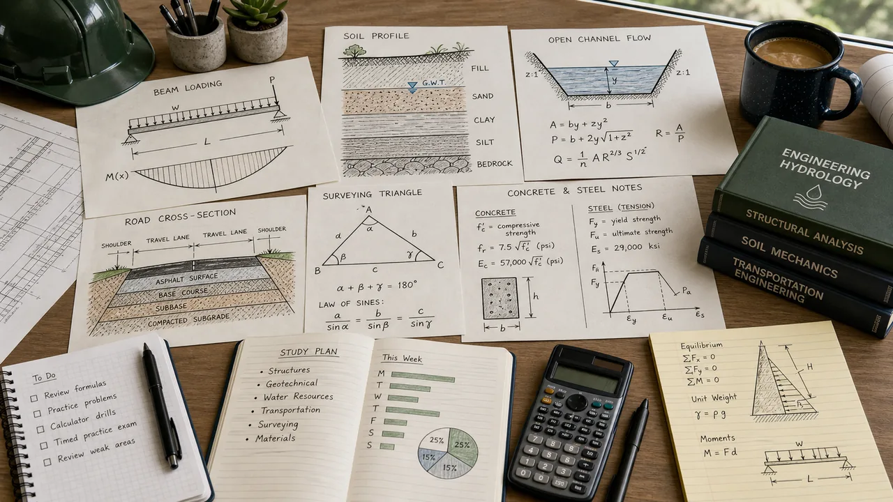 Civil engineering study desk with beam loading, soil profile, open-channel flow, road cross-section, surveying triangle, and materials notes