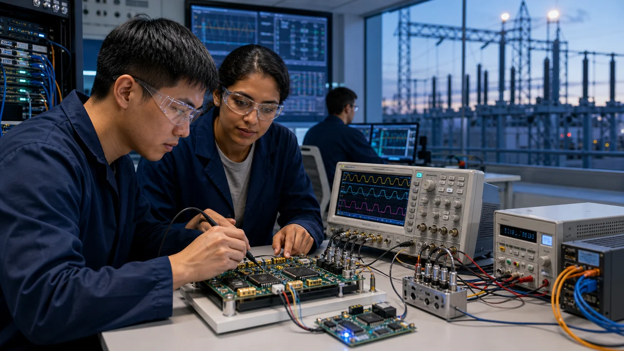 Electrical and computer engineers testing embedded hardware and signals in a lab with a substation visible in the background