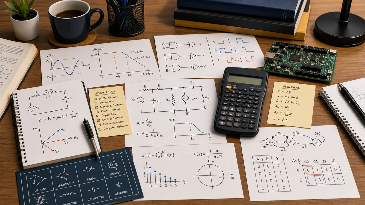 Electrical and computer engineering study desk with circuit diagrams, signal plots, logic gates, phasors, formulas, and a calculator