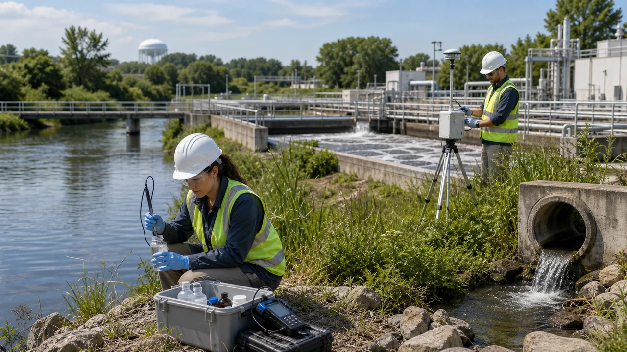 Environmental engineers collecting water samples beside a river, stormwater outfall, monitoring tripod, and treatment facility