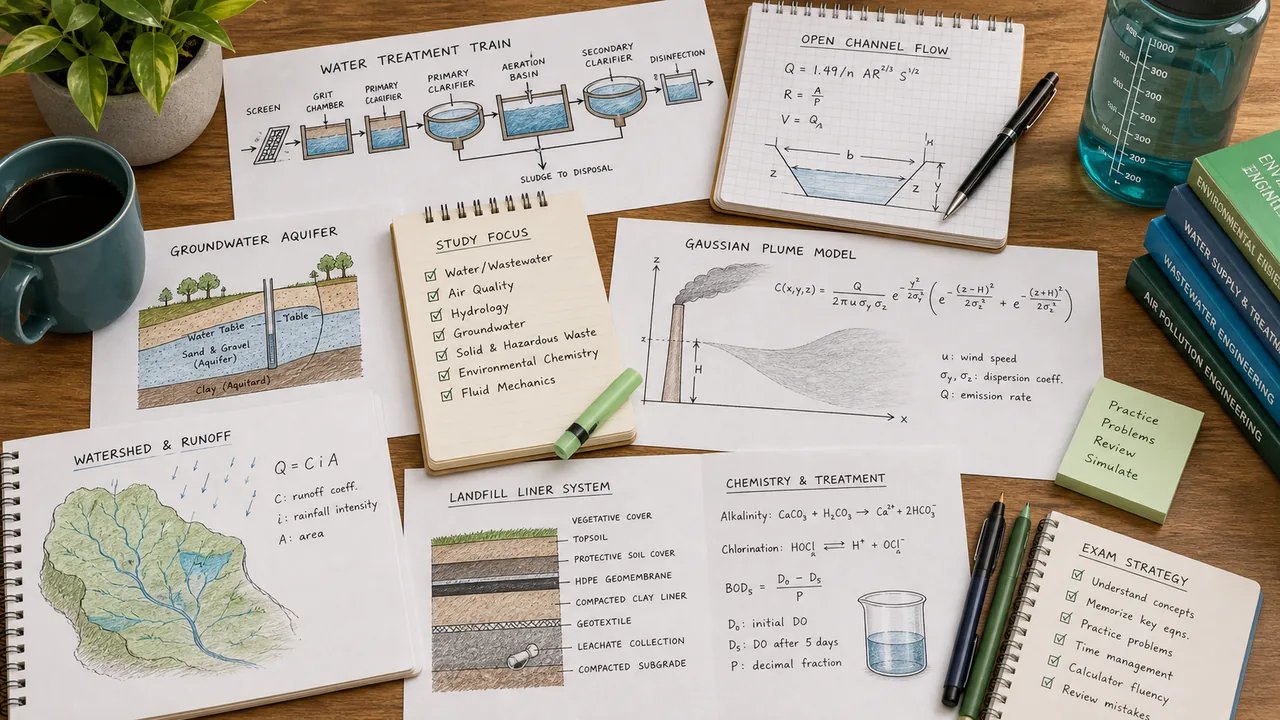 Environmental engineering study desk with water treatment train, open-channel flow, groundwater aquifer, watershed runoff, air plume model, landfill liner, and treatment chemistry