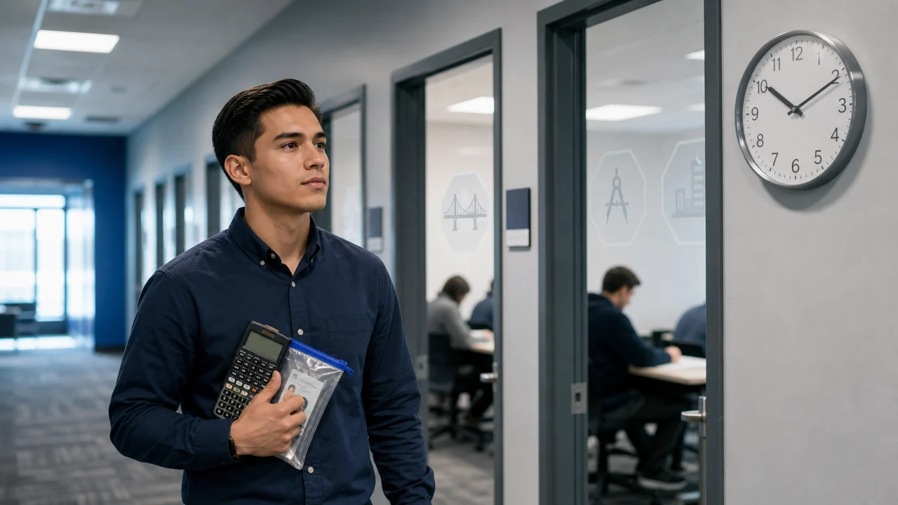 Focused FE exam candidate holding a calculator outside a testing room with an analog clock on the wall