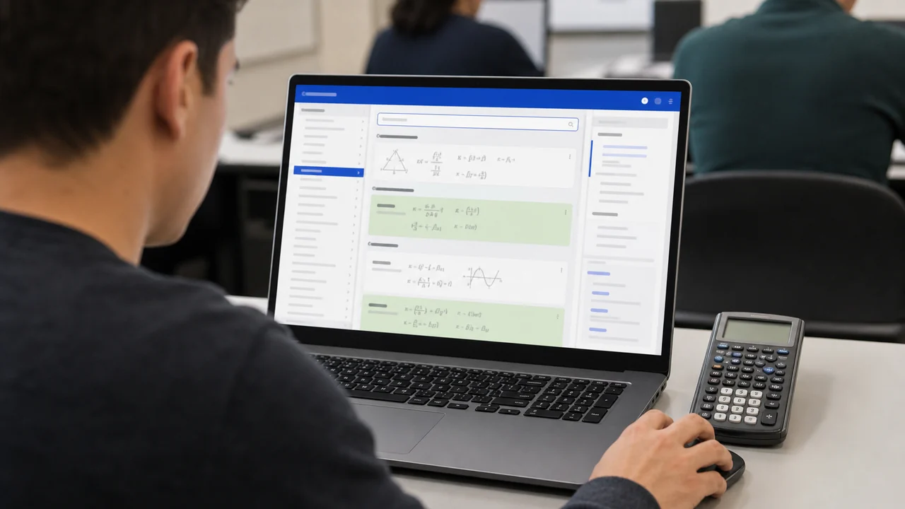 FE exam candidate using a digital reference interface with abstract formula blocks and an approved-style calculator nearby