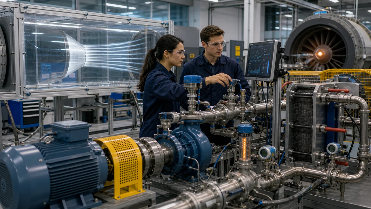 Mechanical engineers testing a pump loop, heat exchanger, wind tunnel, and rotating machinery in a modern lab