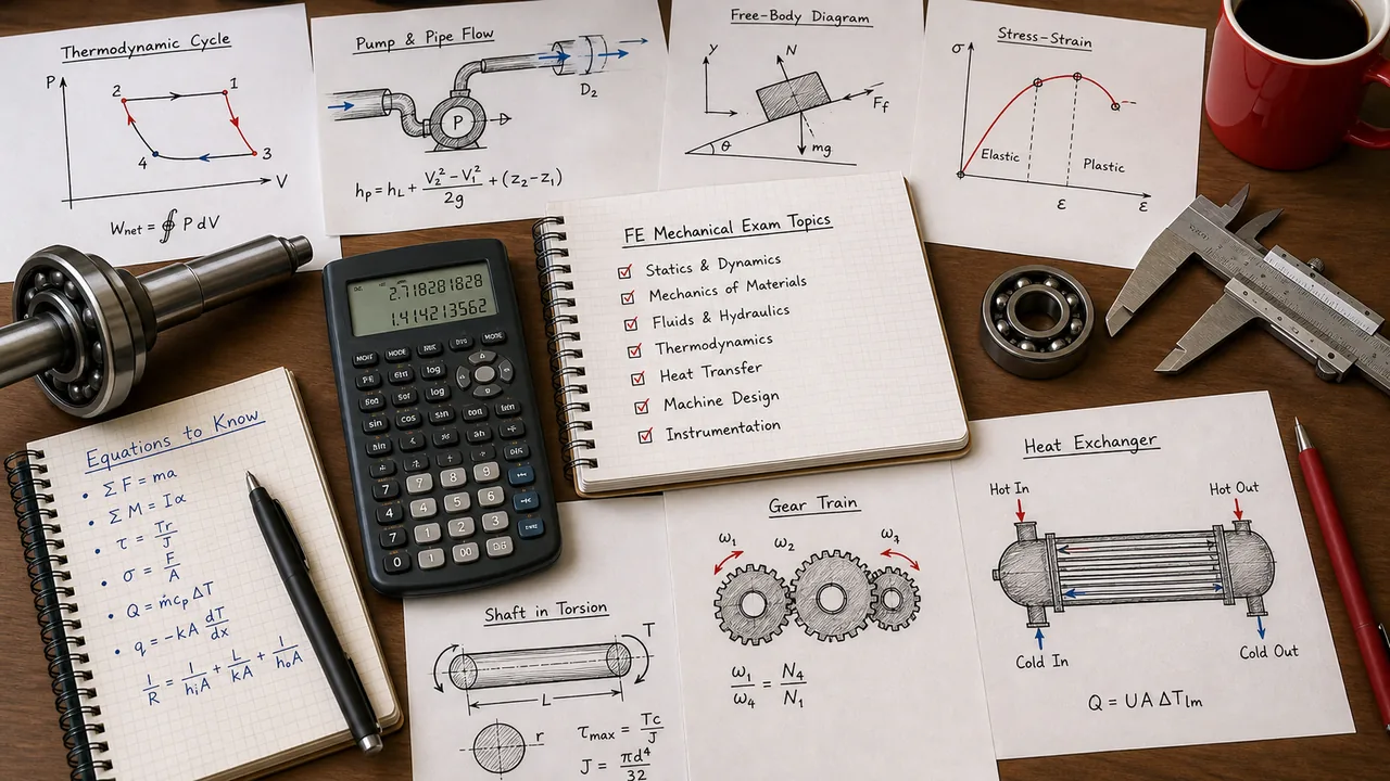 Mechanical engineering study desk with thermodynamic cycle, pump and pipe flow sketch, free-body diagram, stress-strain curve, gear train, heat exchanger, and calculator