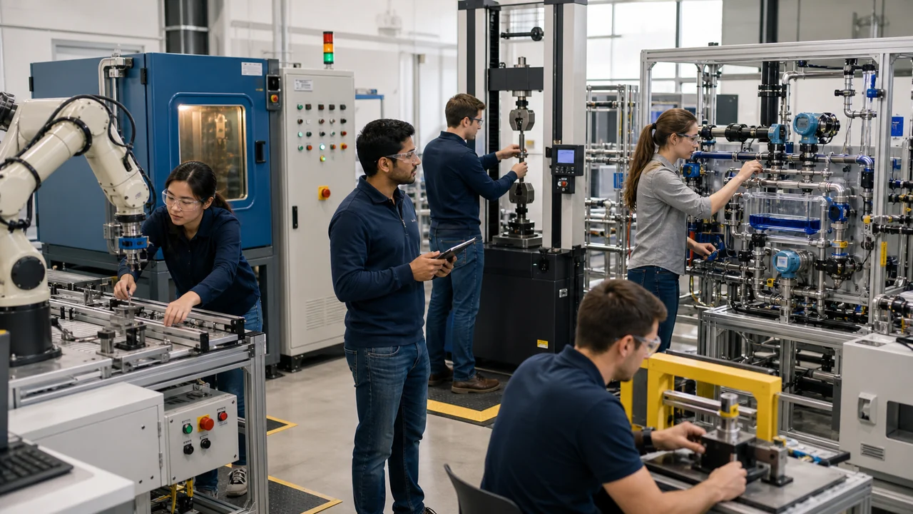 Multidisciplinary engineering team working around robotics, materials testing, fluid flow, thermal chamber, and manufacturing test stations