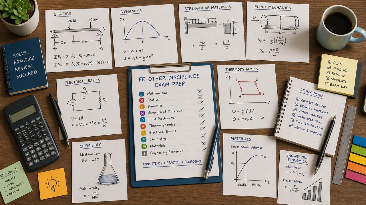 Cross-disciplinary engineering study desk with statics, dynamics, strength of materials, fluid mechanics, thermodynamics, electrical basics, chemistry, materials, economics, and calculator