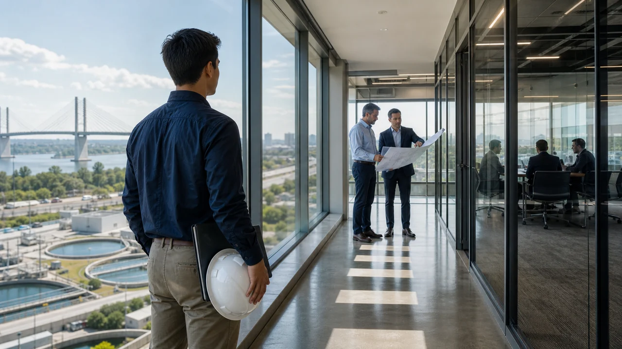 Early-career engineer looking toward senior engineers reviewing infrastructure plans in a glass-walled engineering office