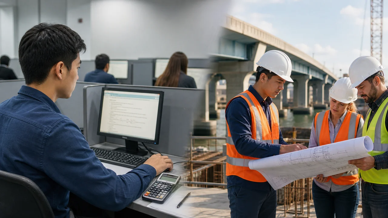 Split scene showing a computer-based FE exam candidate and licensed engineers reviewing drawings at an infrastructure site