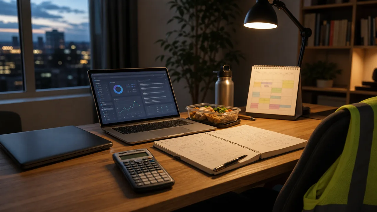 After-work FE study desk with laptop dashboard, generic calculator, engineering notebook, meal container, calendar planner, desk lamp, water bottle, and high-visibility vest on a chair