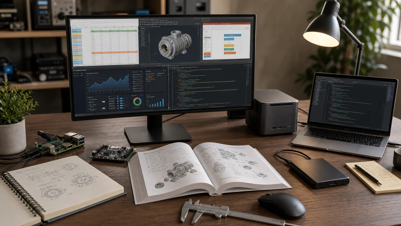 Engineering home lab desk with laptop, mini computer, monitor, circuit board, manual, calipers, portable SSD, and abstract dashboards and 3D model views