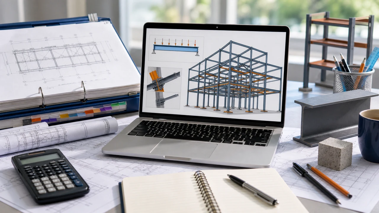 Structural engineering reference workflow with code lane notes, load path sketch, and calculator