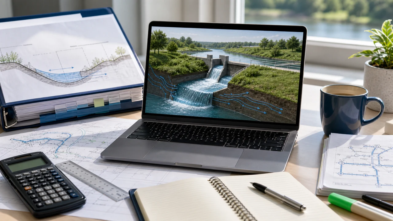 PE Civil WRE study workspace with watershed, pipe network, treatment process, video notes, and calculator