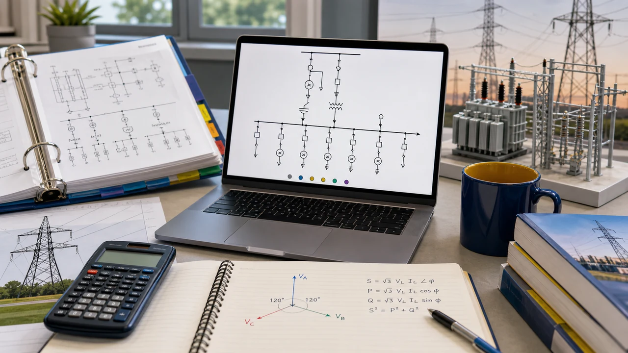 Electrical power exam workspace with one-line diagram, protection notes, NEC lookup cues, and calculator