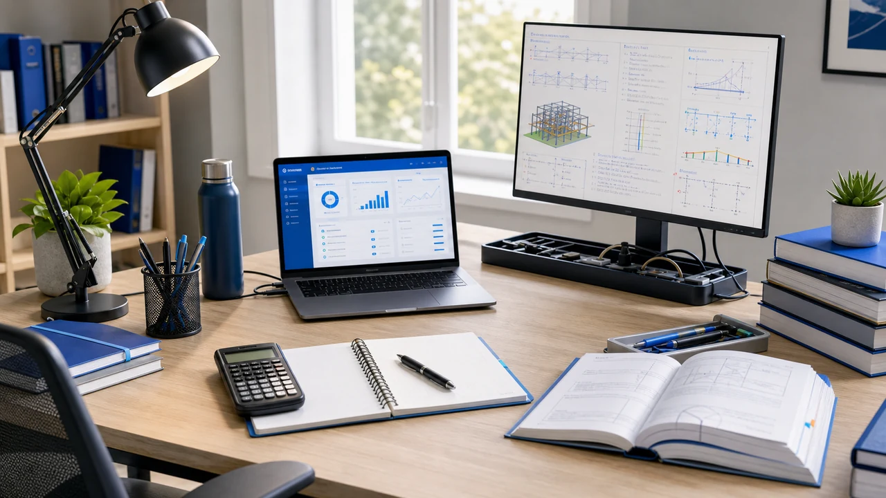 Organized engineering study desk with monitor, notebook, calculator, lamp, and reference materials