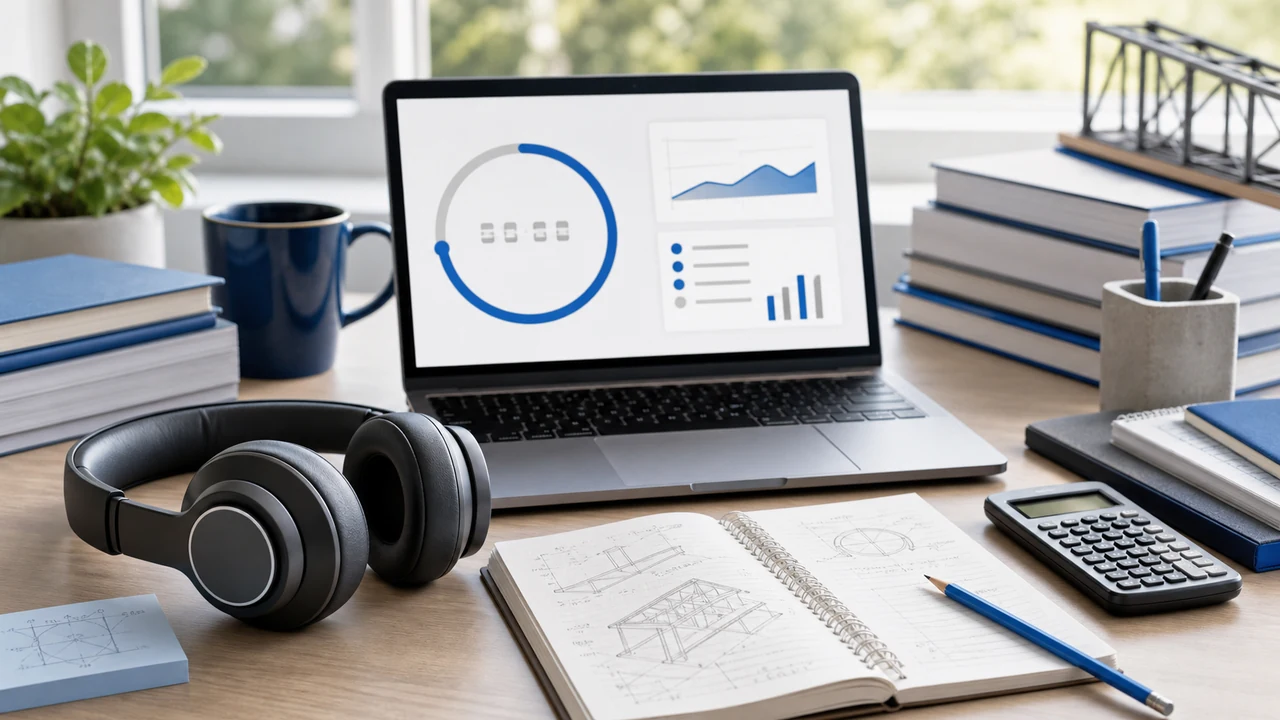 Noise-canceling headphones beside engineering notes, calculator, and timed practice materials