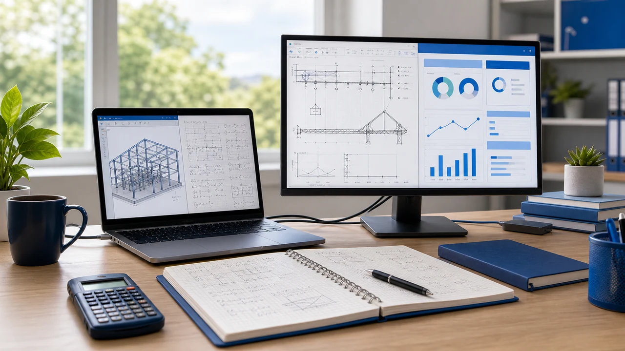 Engineering study monitor setup with PDF reference material, notes, calculator, and practice problems