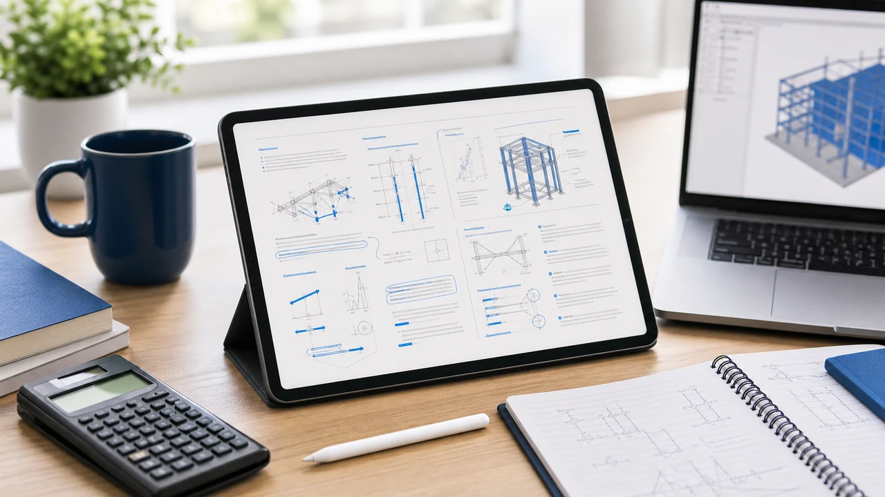 Tablet with engineering PDF notes, reference material, stylus, calculator, and study notebook