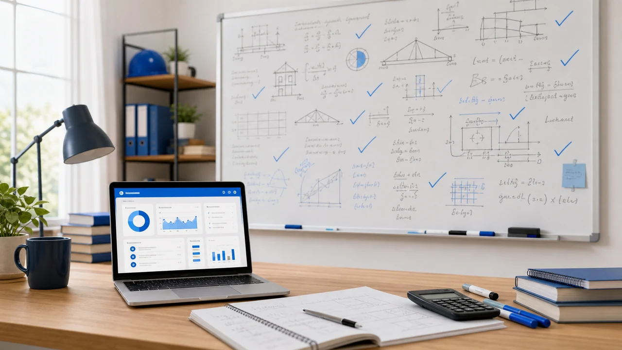 Whiteboard with engineering formulas and diagrams near a calculator, notebook, and study desk