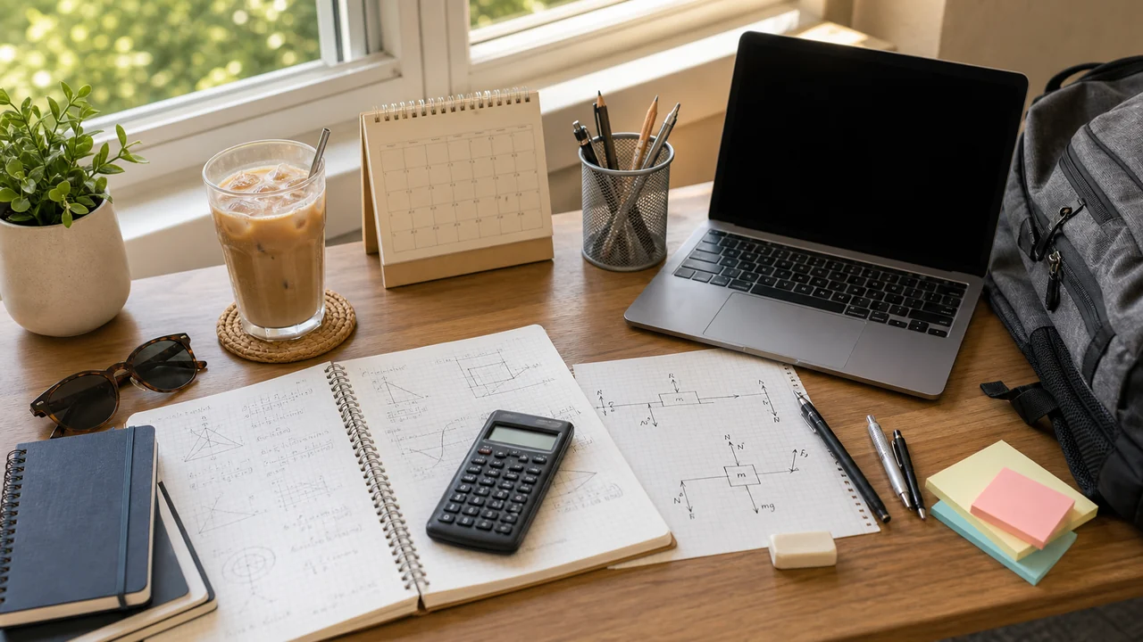 Summer engineering college prep desk with iced coffee, laptop, generic calculator, notebooks, physics diagrams, calendar, pencils, sunglasses, and backpack