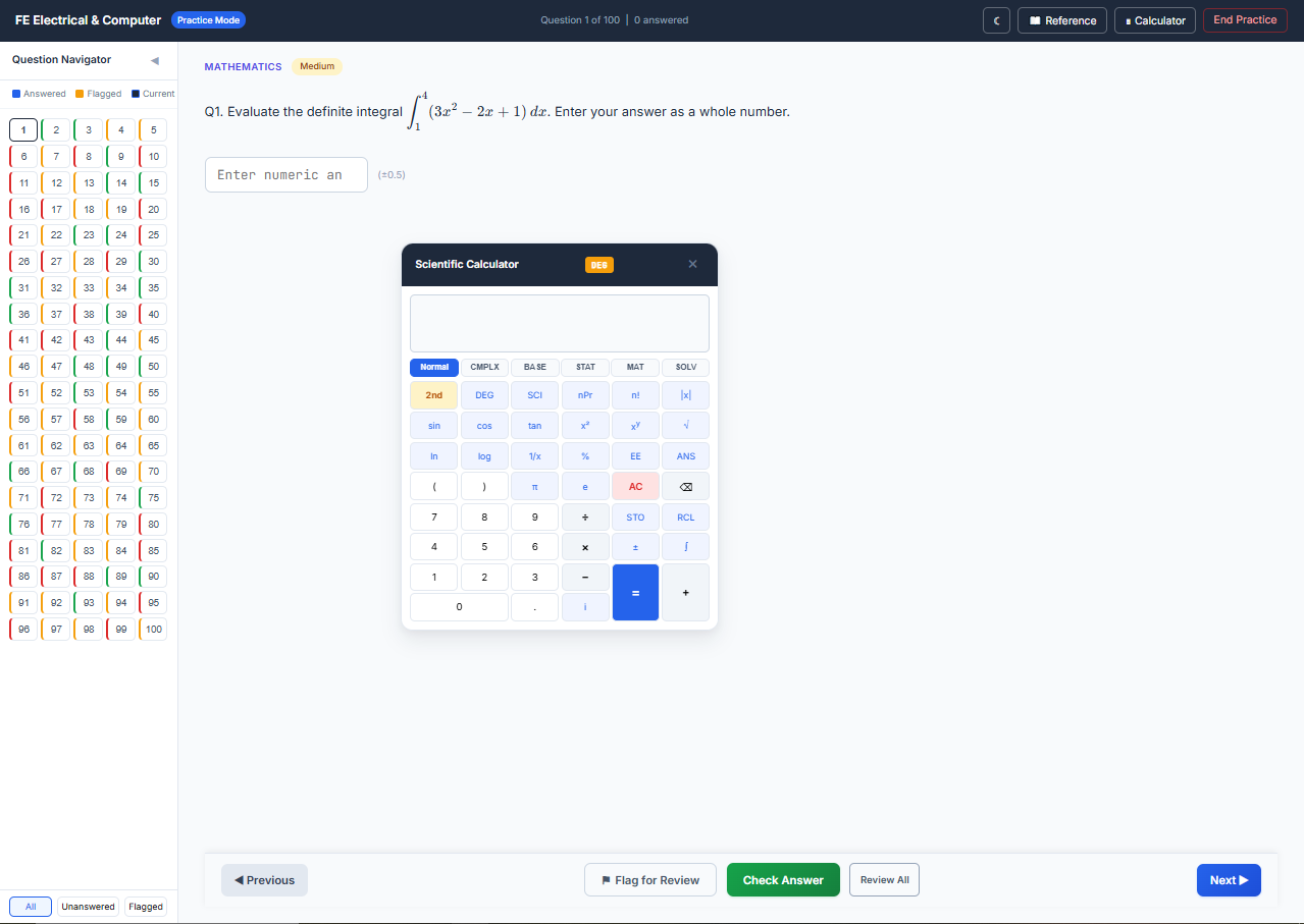 Built-in scientific calculator with keystroke drills