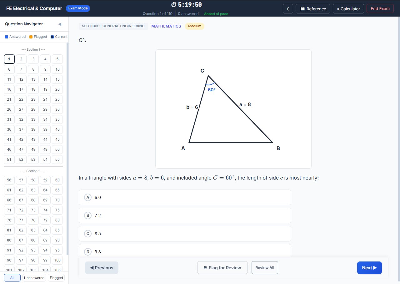 Exam mode showing a timed practice problem