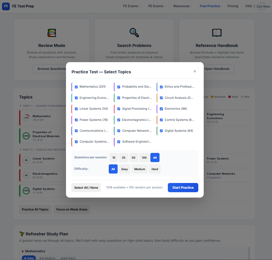 Topic selection modal with difficulty filters and session size options