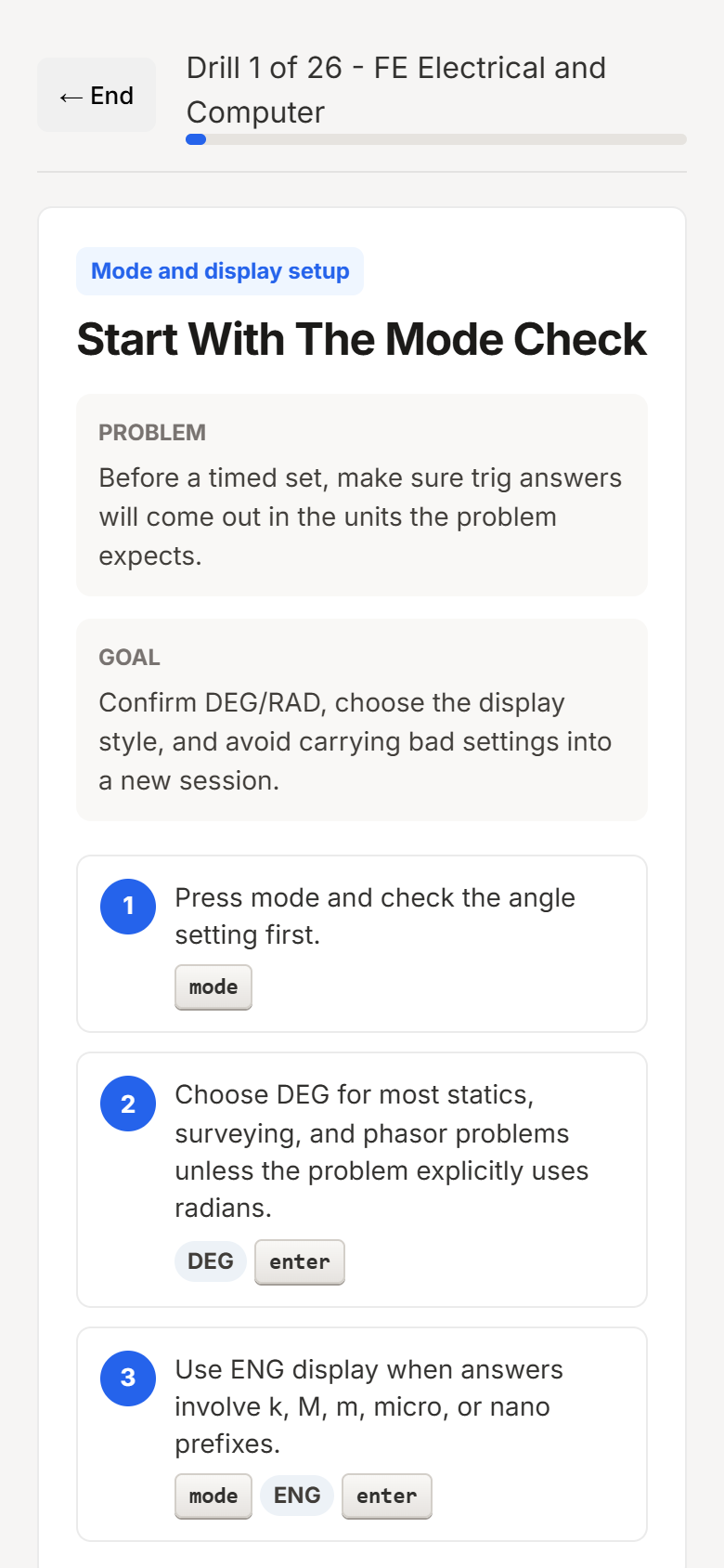 Mobile Guided Calculator Drills screen