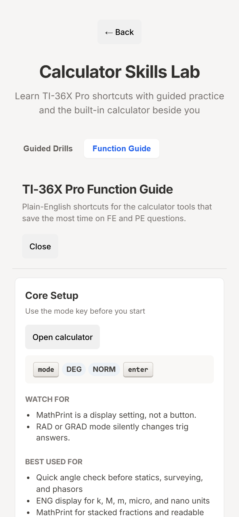 Mobile TI-36X Pro function guide screen