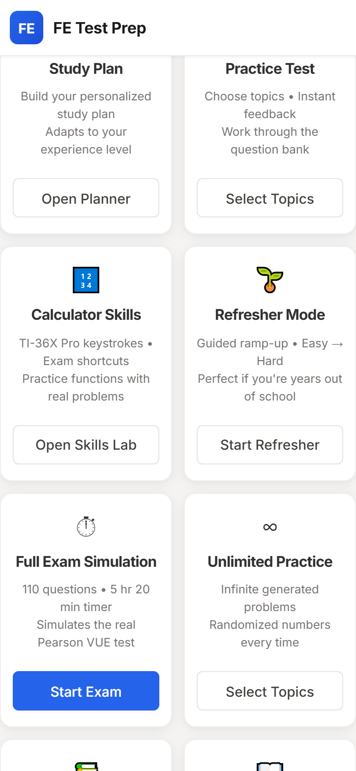 Mobile study mode cards for study plan, practice test, guided calculator drills, refresher mode, and full exam simulation