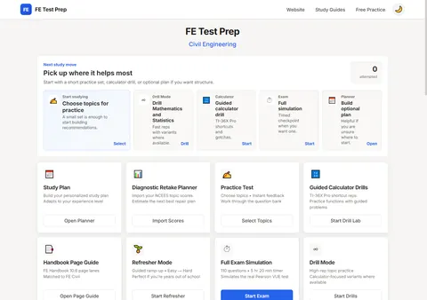 Desktop dashboard with FE Test Prep study modes
