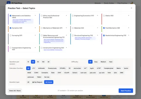 Desktop practice topic selection screen with filters