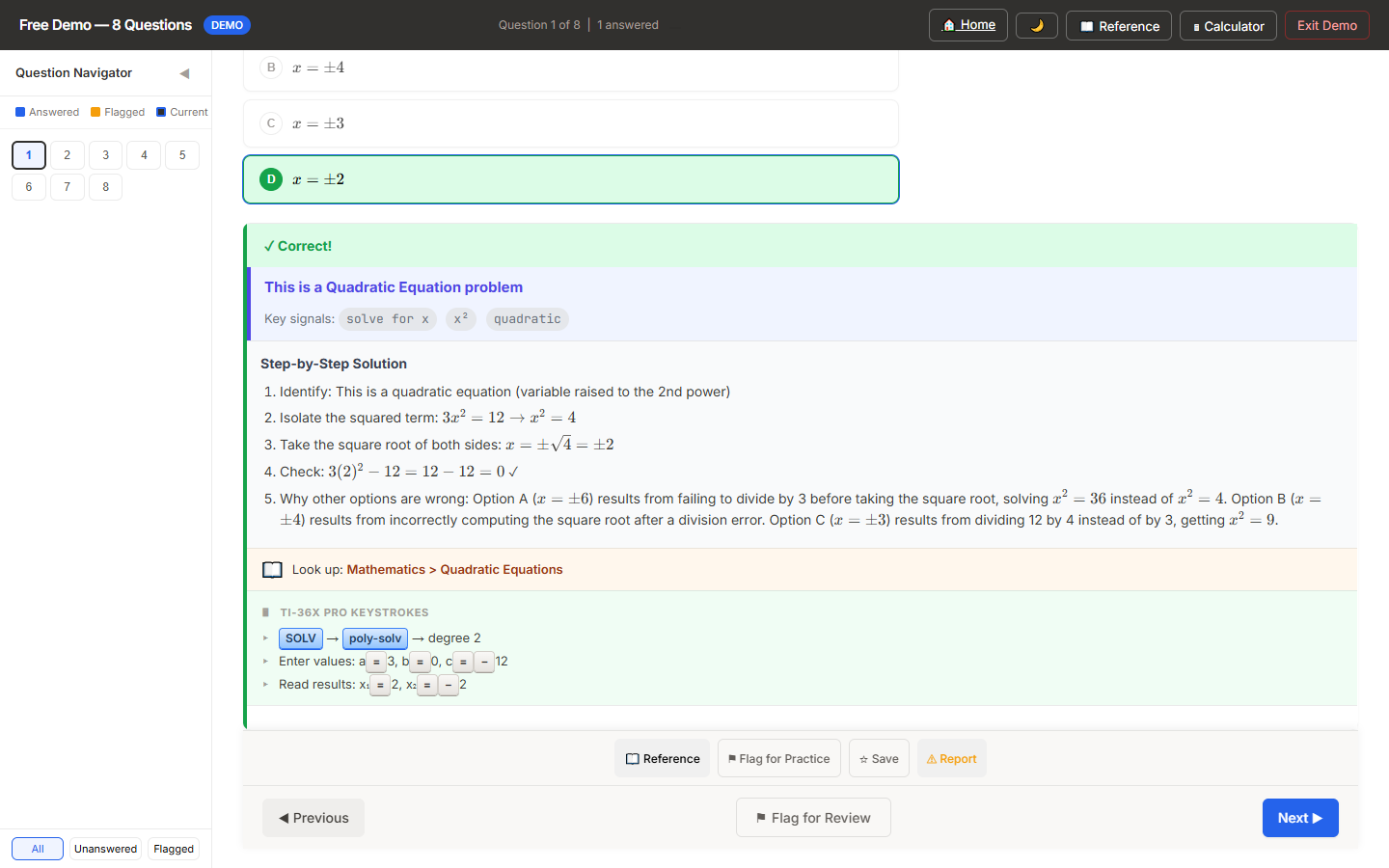 Desktop demo question feedback with solution and calculator steps