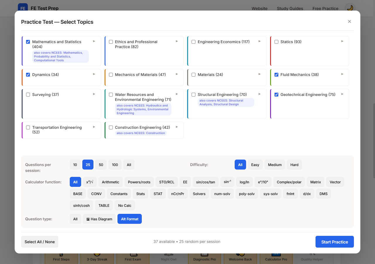 Desktop practice topic selection screen with filters